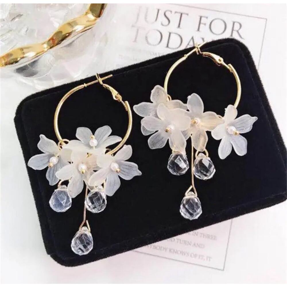 Fairy Flower Crystal Tassel Hoop Earrings, Elegant Petal Earrings